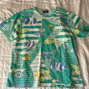 Vintage 90s southern lady fish print striped abstract green white t shirt XL